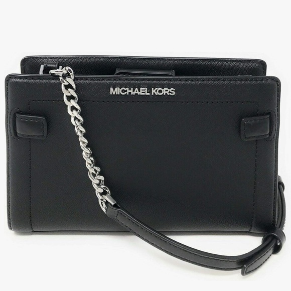 MK Black Rayne Saffiano Leather Slim Crossbody or Clutch w/Silver Hardware